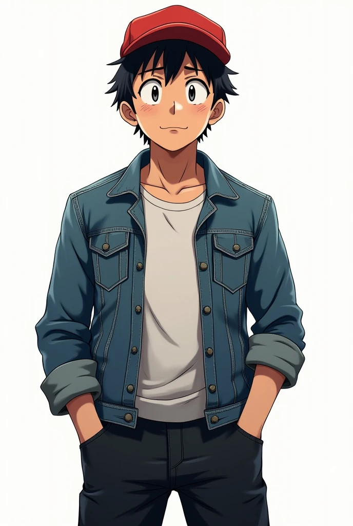 middle aged male, red cap, short black hair, looks unkept because hard lifestyle, jeans jacket, black shorts, focus on face and torso, ((transparent background)), anime style