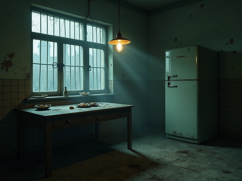A photo of an abandoned Soviet kitchen. At night, rain and thick fog outside the window. Through the fog you can see tall Soviet panel houses, immersed in darkness. In the center of the photo - an abandoned kitchen. On the floor lie remnants of old linoleum, torn in several places, underneath it you can see the floorboards, covered in a thick layer of dust. In the corner of the kitchen - a bulky Soviet-era refrigerator with fogged glass, on the door - a rusty handle and a detached rubber seal. Next to the refrigerator - a dining group with a huge wooden table, covered in cracks, with stains and a thick layer of dust. On the table - an overturned plate with remnants of food, a glass with tea leaves at the bottom, stale bread. On the walls of the kitchen - remnants of Soviet tiles, in some places chipped and revealing black brickwork. Above the stove hangs a single light bulb in a plastic shade, It doesn't burn, its glass is covered in dust. The cupboard doors are broken, behind them you can see a few empty shelves, covered in dust. On the window - bulky iron bars, and behind them - broken glass. Cold, damp air penetrates through cracks in the glass, but he can't drive away the fog, which filled the entire space of the kitchen. In the center of the room, on the ceiling, an old rope hangs with a noose at the end. She sways in the wind, like a ghost of the past. Colors: dark grey, brown, rusty, green, black. “Photorealistic” style, "gloomy", "abandoned", "Soviet".