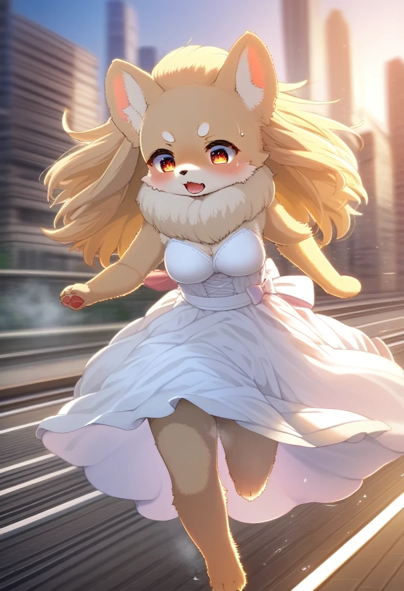 ((Masterpiece)), ((Best Quality)), (Very Detailed), ((Very Detailed)), 4K, (8K), very aesthetic, absurdres highres, 1 woman, (anthropomorphic pomeranian, furry, kemono:1.5), A woman wearing a bridal gown is running at full speed against the backdrop of a cityscape at sunset. Desperate look, sweat dripping, sprints,