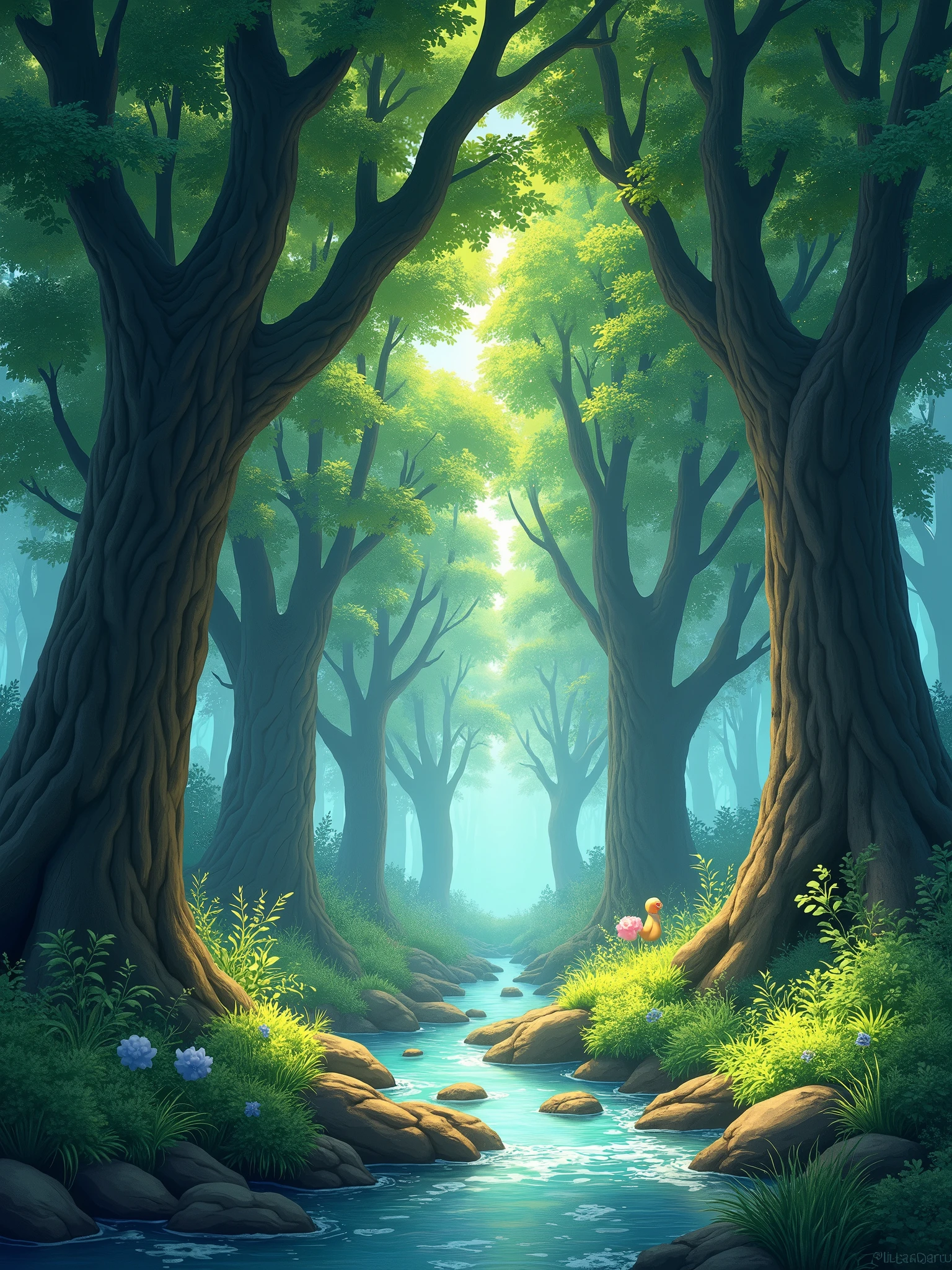 Vrai anime nature wallpaper in 4K quality, in the style of digital illustration inspired by Hayao Miyazaki, featuring a serene forest with towering ancient trees, dappled sunlight filtering through the leaves, a gentle stream flowing through the scene, and mystical creatures peeking from behind the foilage: vibrant and warm color temperature, cosmos lighting with stars twinkling in the sky, no human characters, the atmosphere is tranquil and enchanting-