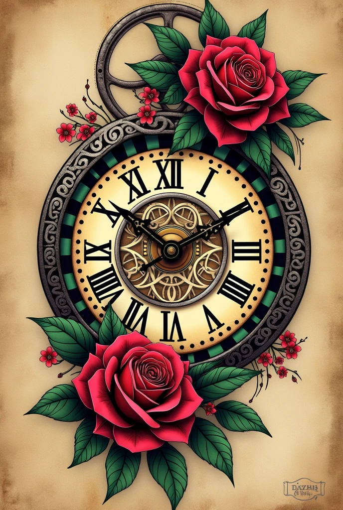 A tattoo of a roman clock blending Maori and abstract imagery and roses