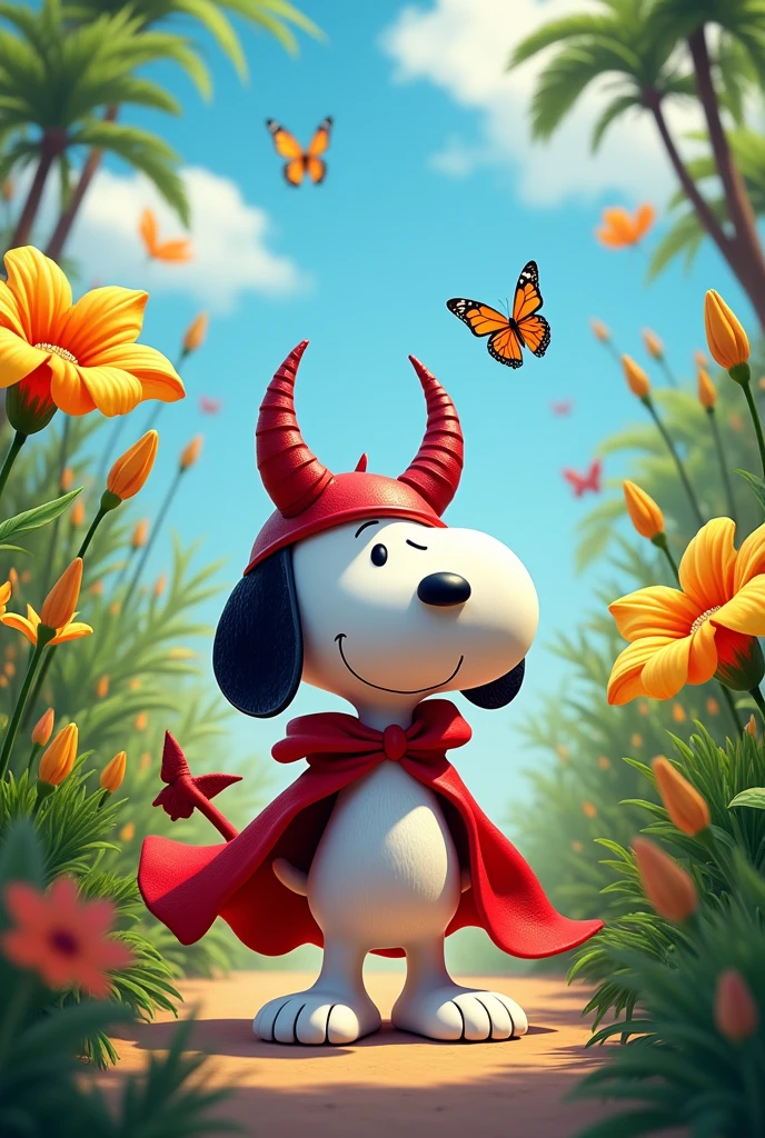 Snoopy wearing a drunken devil costume with sugarcane flowers