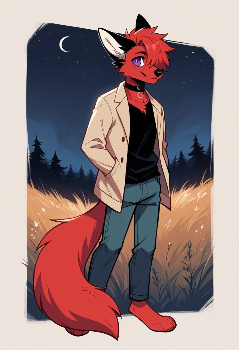 (Artist by zackary911, 8k, high quality, detailed eyes and fur, night, residents background), solo, male fox, anthro, red satured fur, red body, male body, purple eyes, black ears, red hair, short hair, hair cover eye, hands white, choker, eyeliner black, beige jacket, black shirt, alone, without group, without doubles, full length, completely complete everything. smiling, in the field