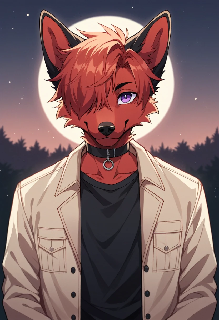 (Artist by zackary911, 8k, high quality, detailed eyes and fur, night, residents background), solo, male fox, anthro, red satured fur, red body, male body, purple eyes, black ears, red hair, short hair, hair cover eye, hands white, choker, eyeliner black, beige jacket, black shirt, alone, without group, without doubles, full length, completely complete everything. smiling, in the field