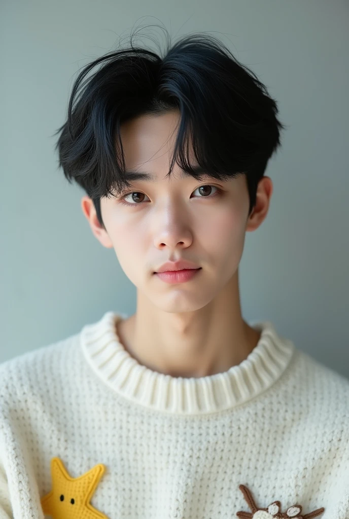 (photorealism:1.2), hombre joven adult, cat eyes, black hair, Asian features, sugar, white sweater, Pale skin, fine nose, plano frontal, adult,sugar bts