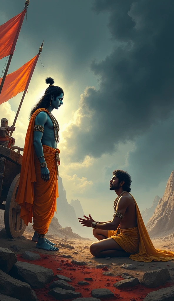 A vivid scene from the Mahabharata where Lord Krishna is imparting the teachings of the Bhagavad Gita to Arjun on the battlefield. Arjun is kneeling on the ground with folded hands, showing deep reverence and attention, while Krishna stands before him, radiating divine wisdom and calmness. The chariot, adorned with battle flags, is nearby, situated on a rugged battlefield filled with signs of war. Above them, dark storm clouds gather, creating a dramatic and intense atmosphere. Krishna's presence is emphasized by a subtle glowing aura, highlighting his divinity