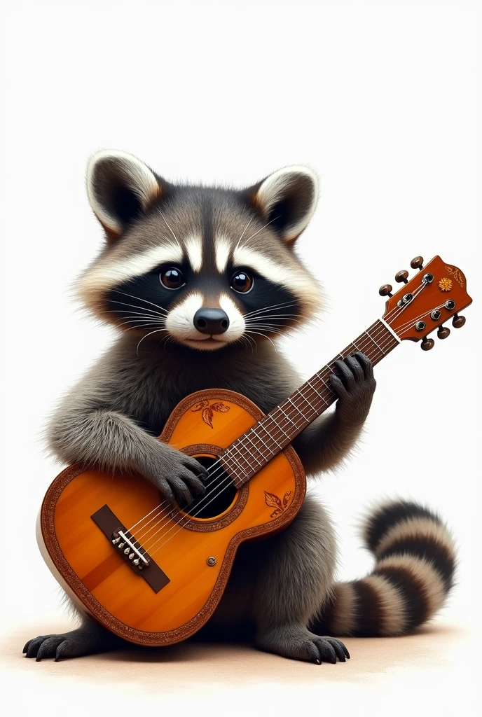 Raccoon playing the Texan guitar sitting on the floor, with nothing in the background or with a white background, guitarist raccoon (realist)(Details)(masterpiece)
