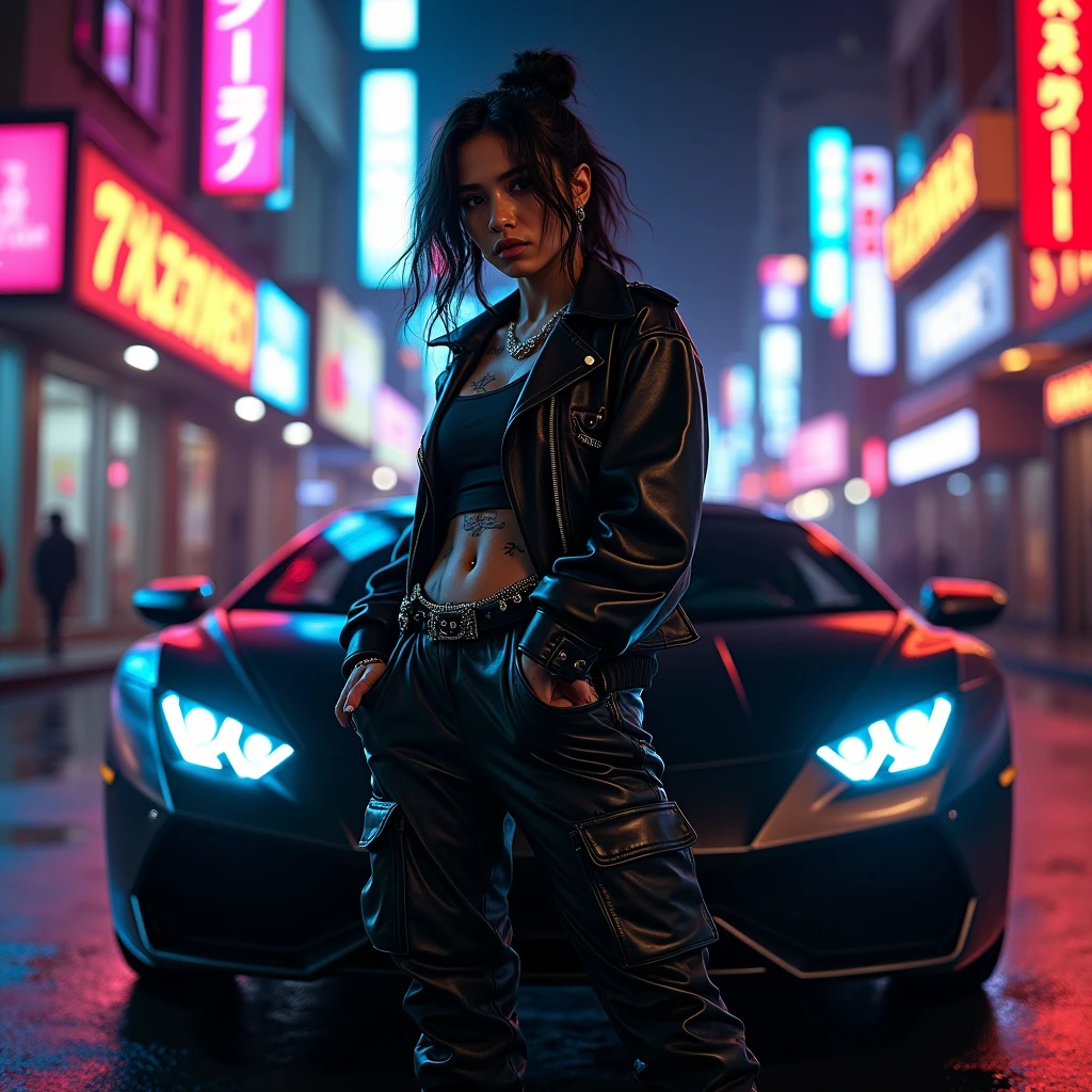 Asian Girl Rapper, super pretty, face_tattoos, dark car, lamborghini, night street, action, cartoon, Album cover, "NOCTURNAL", Letters say NOCTURNAL, Album Cover, dark, comic style, gangster, tech wear outfit, dynamic