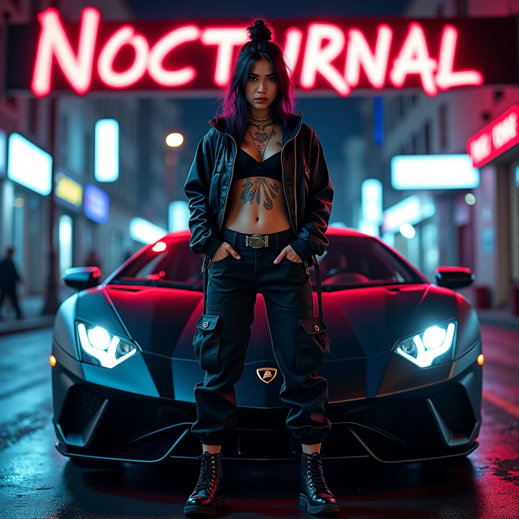 Asian Girl Rapper, super pretty, face_tattoos, dark car, lamborghini, night street, action, cartoon, Album cover, "NOCTURNAL", Letters say NOCTURNAL, Album Cover, dark, comic style, gangster, tech wear outfit, dynamic