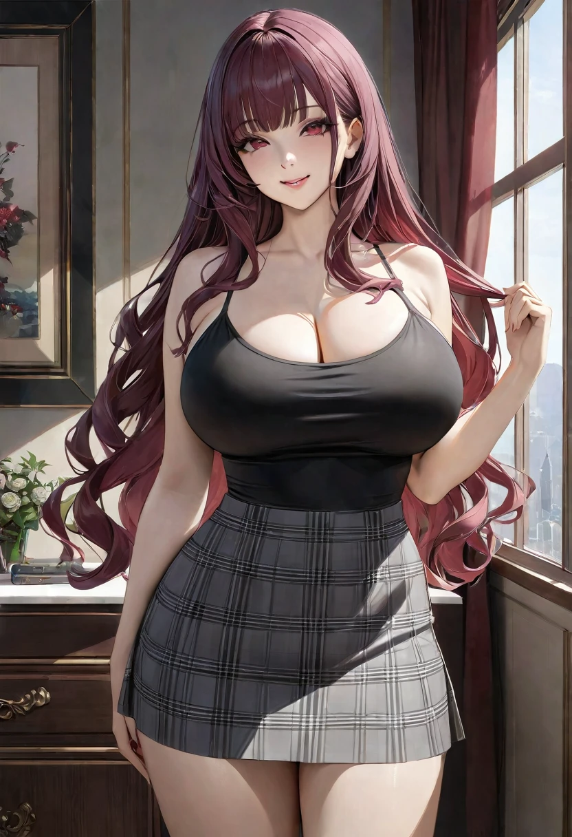 (masterpiece), best quality, realistic, highly detailed, absurdres, 1girl, huge breasts, (maroon hair:1.2), long hair, (wavy hair:1.1), full bangs, (black camisole:1.2), (gray plaid skirt:1.2), (standing1.1), smile, closed mouth, (make-up, eyeshadow:1.1)