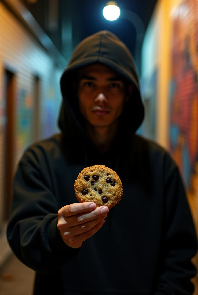 Guy wearing a black hoodie holding a cookie