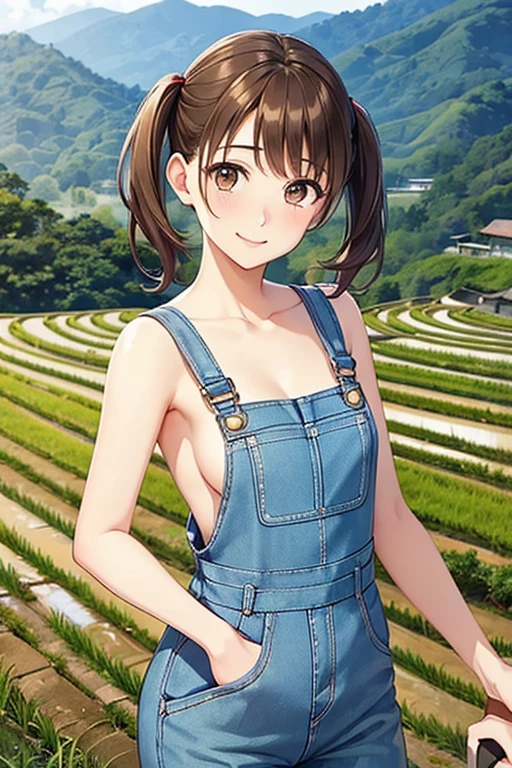 Yumi Fukuzawa、Shiny brown hair,Medium Hair, 、(( High Twintails、)),Beautiful brown eyes、Sparkling eyes, fine grain、smile、Very fine eye、Very detailed顔, Very detailed目,Cowboy Shot、
(Photorealistic:1.4, 8k), Highest quality, masterpiece, 超High resolution, Perfect dynamic composition,Highest quality, Very detailed, Very delicate and beautiful, High resolution, Very detailedCG, masterpiece,
Only one female, leaning, Are standing,(nude jumpsuit overalls) stylish, Mature Woman, Blushing Smile, (masterpiece Highest quality:1.2) Delicate illustrations, super detailed, , break (Paddy field) Outdoor, (Rice terraces:1.2), countryside, noon, Detailed Background