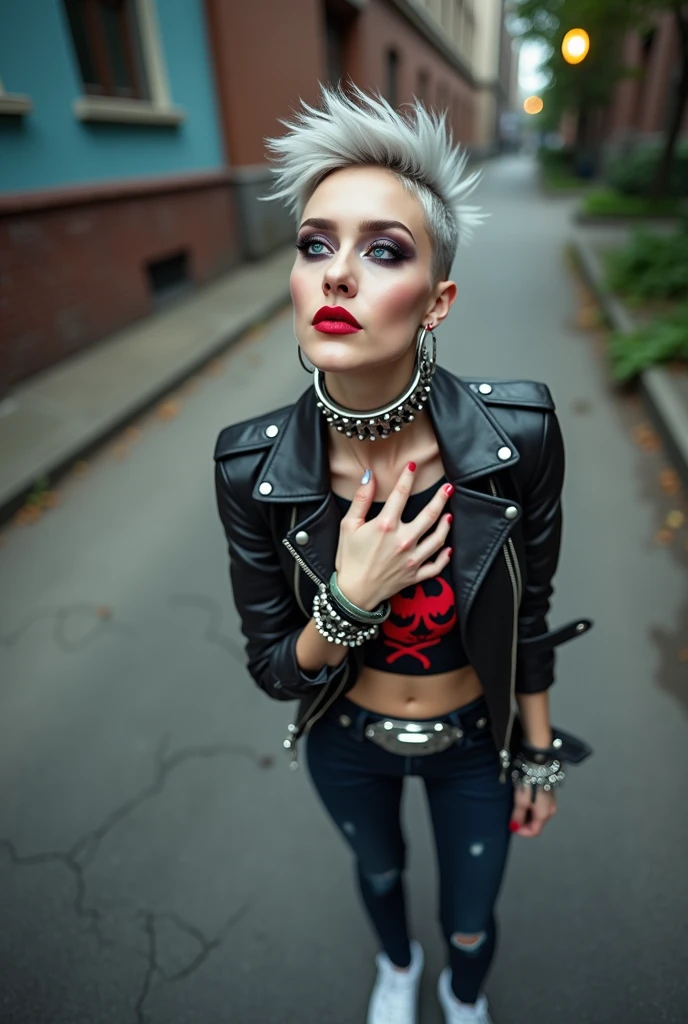 russian milf woman, biker gang member, grey hair (puffy quiff with shaved sides), with very light blue eyes, extremely pale, heavy eye shadows. Thin. Sad face, smeared excessive make up and lipstick. Wearing black moto jacket, cropped t-shirt with devil logo, piercing in belly button, skinny blue jeans and white tennis sneakers . Lots of metallic bracelets and pendants. Studded dog collar. Tacky leather belt with oversized, excessive silver buckle. Hands touching her heart, kneeling in the street. Wide loop earrings. Looks up like talking to God, mouth and eyes open