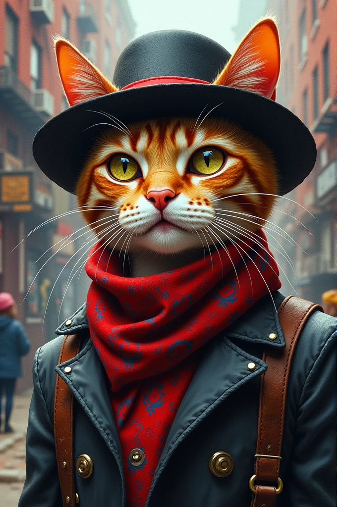 Painting of a cat wearing a hat and scarf, modern art station, punk clothes, detailed hyperrealistic rendering, British Gang Members, street style, menacing stance, Cat Planet, fashion costume, City Warrior, meow, West Slavic features, 8 1 5