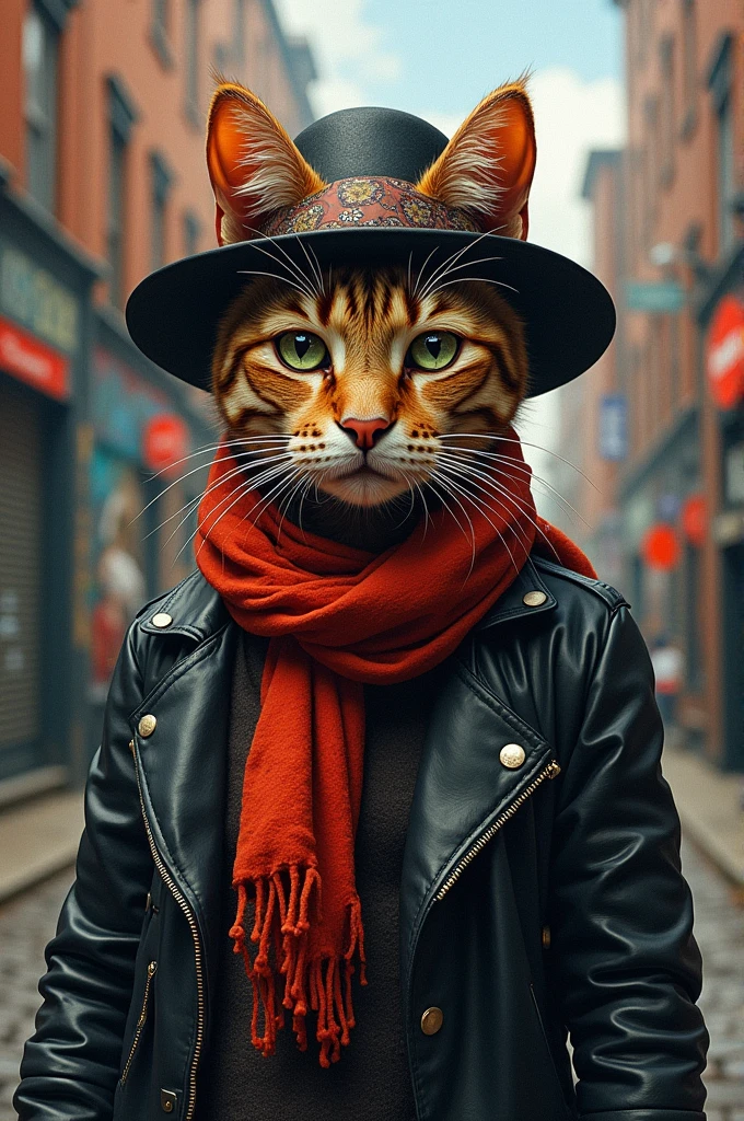 Painting of a cat wearing a hat and scarf, modern art station, punk clothes, detailed hyperrealistic rendering, British Gang Members, street style, menacing stance, Cat Planet, fashion costume, City Warrior, meow, West Slavic features, 8 1 5