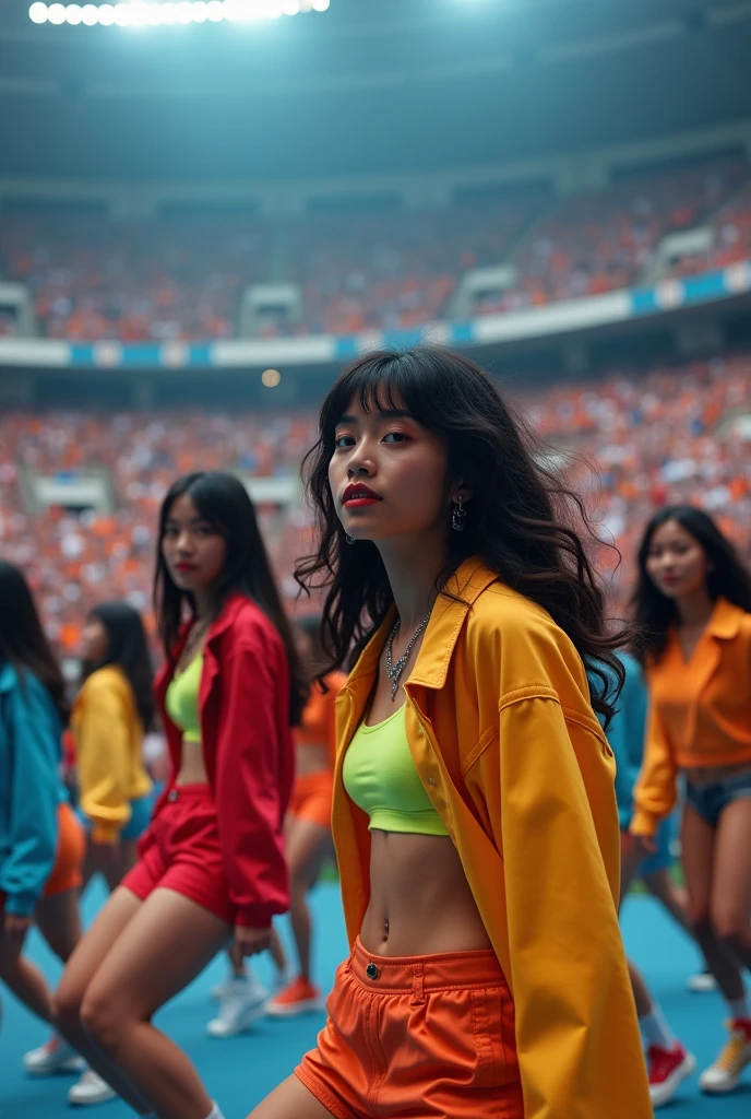 pussy zoom,multi angle,realistic,8k,Beautiful multiple dark hiphop asian dance team girls, rock dancers estilo love dance team live, dancing and singing for her fans at the stadium