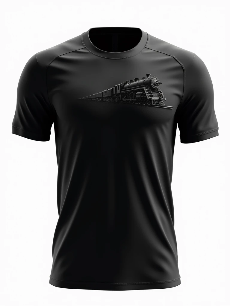 A minimalist all-black soccer team uniform, embossed image of a model steam train viewed from the front on the right side of the chest