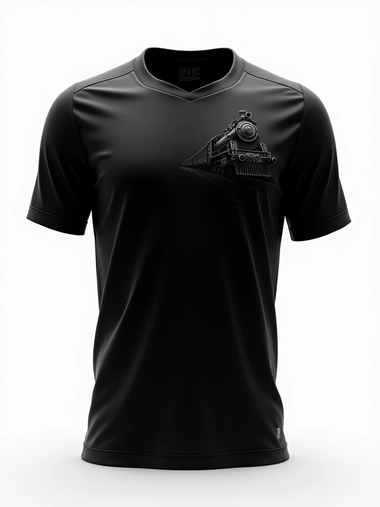 A minimalist all-black soccer team uniform, embossed image of a model steam train viewed from the front on the right side of the chest