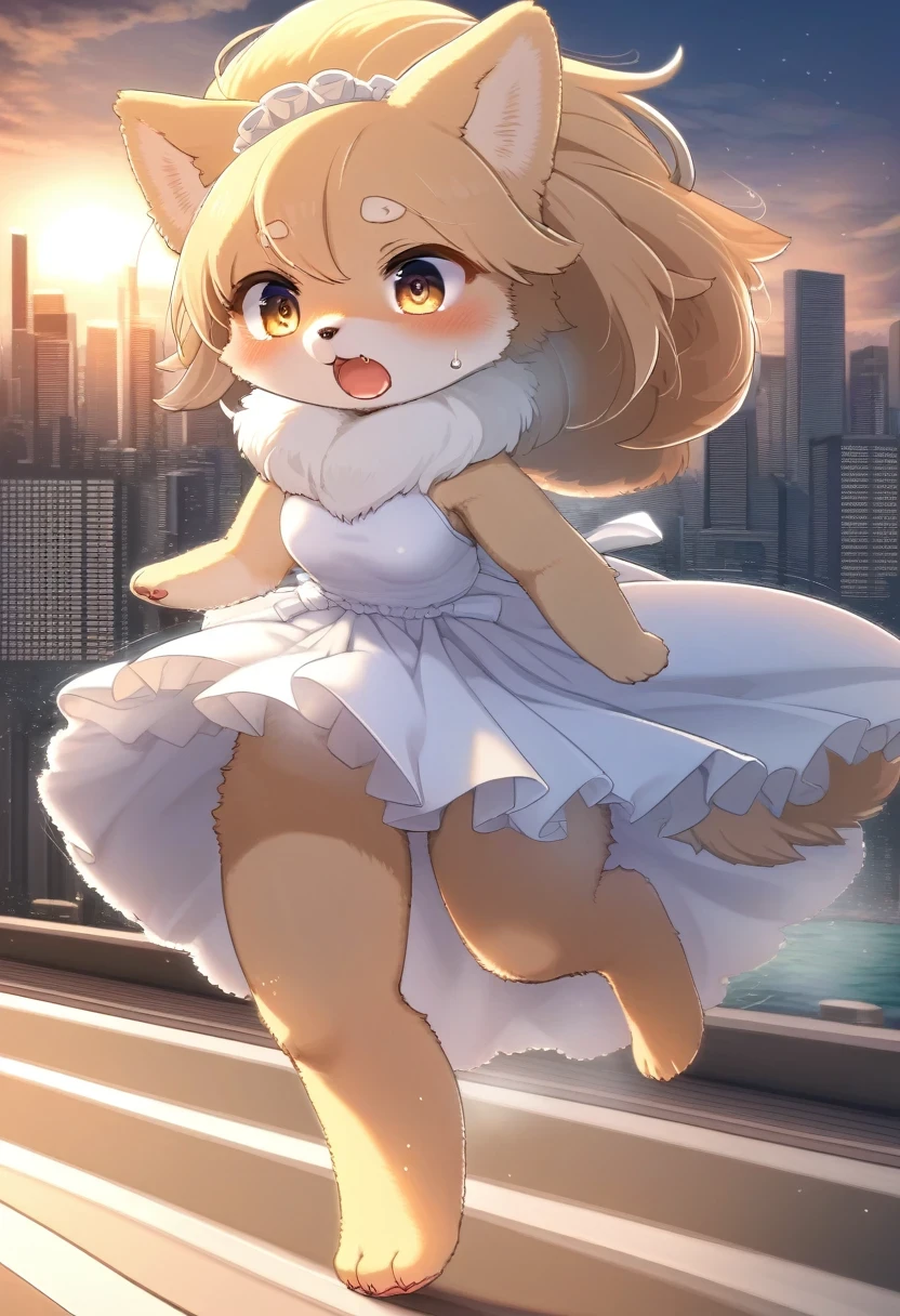 ((Masterpiece)), ((Best Quality)), (Very Detailed), ((Very Detailed)), 4K, (8K), very aesthetic, absurdres highres, 1 woman, (anthropomorphic pomeranian, furry, kemono:1.5), A woman wearing a bridal gown is running at full speed against the backdrop of a cityscape at sunset. Desperate look, sweat dripping, sprints,