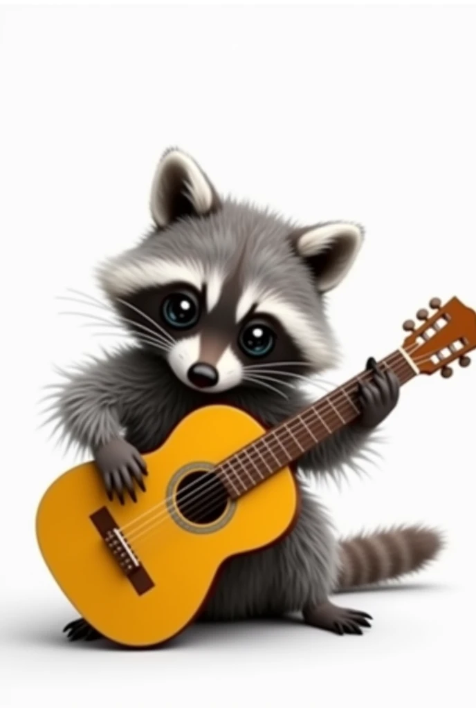 Raccoon playing a yellow Texan guitar sitting on the floor, with nothing in the background or with a white background, guitarist raccoon (realist)(Details)(masterpiece)