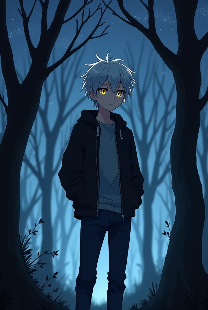 Character with appearance: adolescent, White hair, gold eyes, default outfit. and personality: Quiet but a little cute (somewhat type 1% of time), also a bit cold and dark. sex: masculine