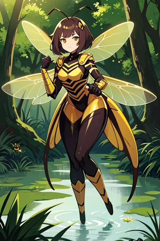 Wasp girl (normal legs), golden-brown hair (bobcut), chitinous armor (black and yellow), 2 antennae on head, 2 insect wings on back, wetland forest background, flying, aggressive, suspicious look