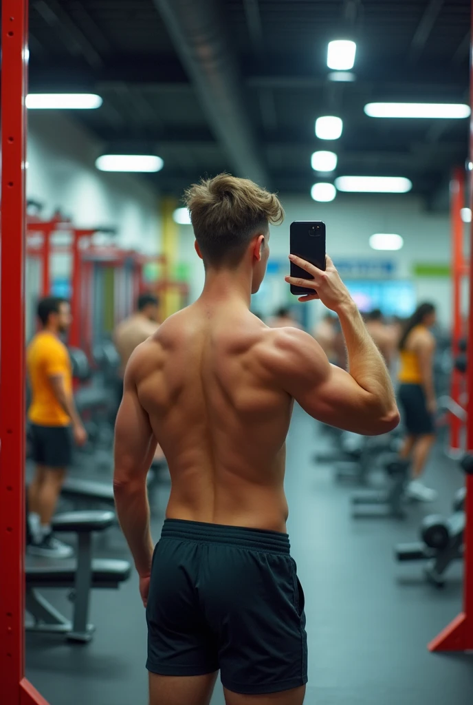 White teenager
at the gym
Taking a photo with a phone in the mirror
Without showing the face