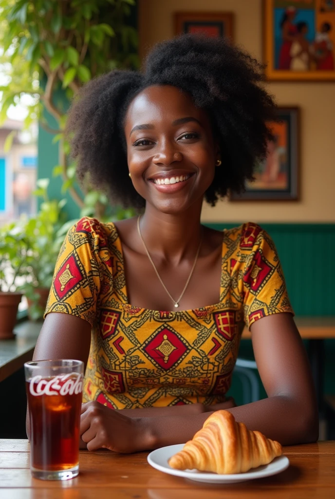 femme africaine a une table avec un croisant et un verre de coca cola,le regard vers nous