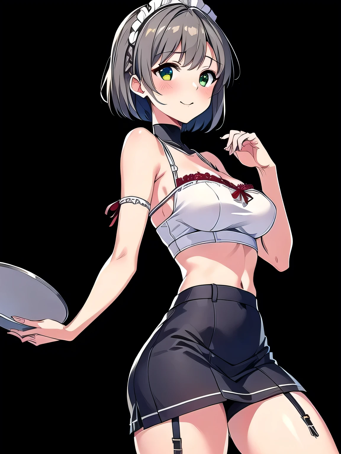 all realistic intricate details, masterpiece,detailed face,detailed skin,detailed eyes,shiny skin,shiny lips,highest quality,.syr Flova, gray hair, syr,maid headdress, green long dress, (((miniskirt ))),apron, smile, Happy, closed mouth, holding tray, bar, Shoulder bag,sitting,beautiful thighs,slender,white lace panties,white garter belt ,lift skirt,slim thighs,clothed,