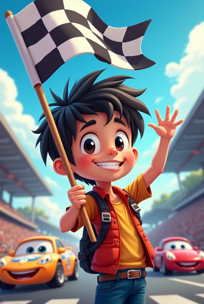 create name juan miguel with 9 years with race track flag
