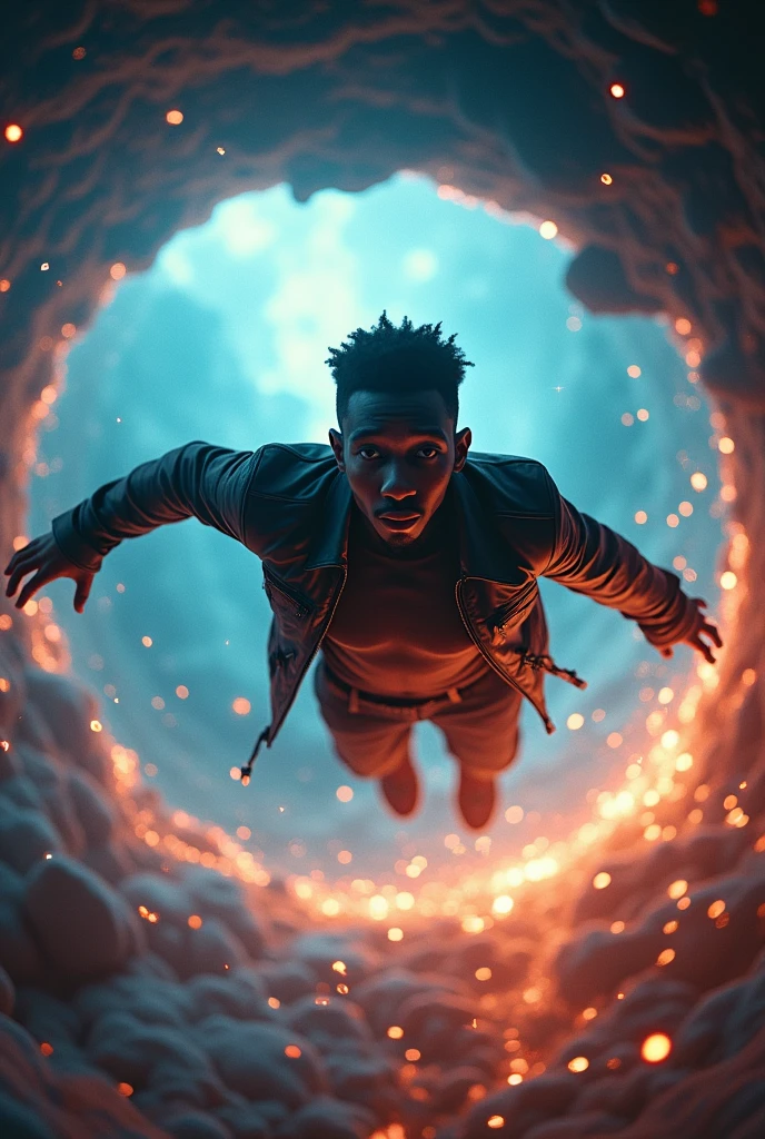 Young black man in a jacket falls through a space-time portal
