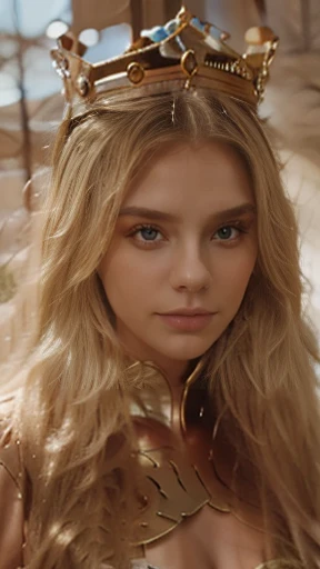 blonde with long hair with a crown on her head in full length