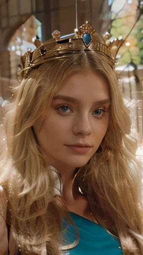 blonde with long hair with a crown on her head in full length