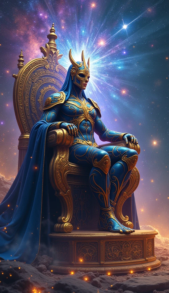 A galactic fairy-like deity seated on his magnificent cosmic throne, With a mysterious masked face. Its muscular body is armored、It is made up of rotating galaxies, Releases cosmic energy. The scene is bathed in mesmerizing multi-colored light., As the heavenly bodies revolve around them --s 150 --ar 1:1 --c 5 --v 5.2