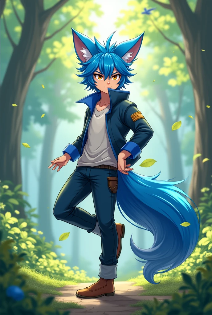 Create a human fox man with blue hair and fox ears