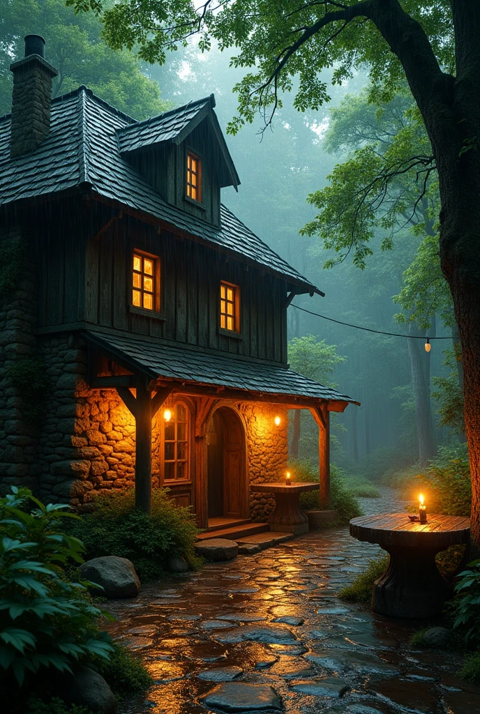 Old tavern , in the middle of the forest , with lights on in the middle of a very rainy night 