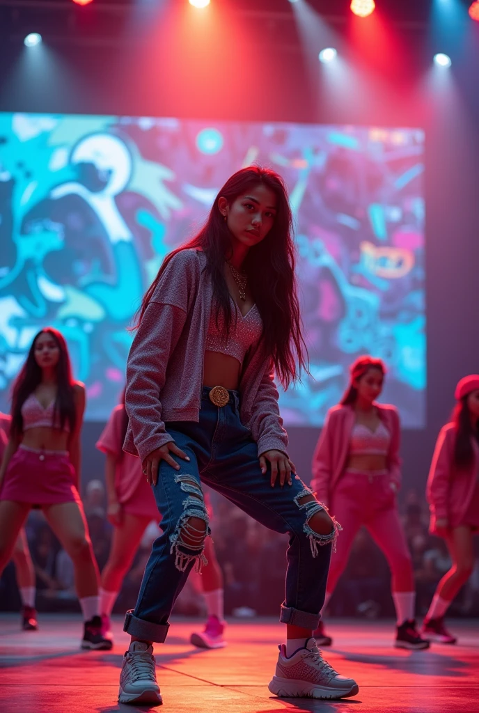 hip zoom,multi angle,realistic,8k,Beautiful multiple dark hiphop asian dance team girls, rock dancers estilo love dance team live, dancing and singing for her fans at the stadium