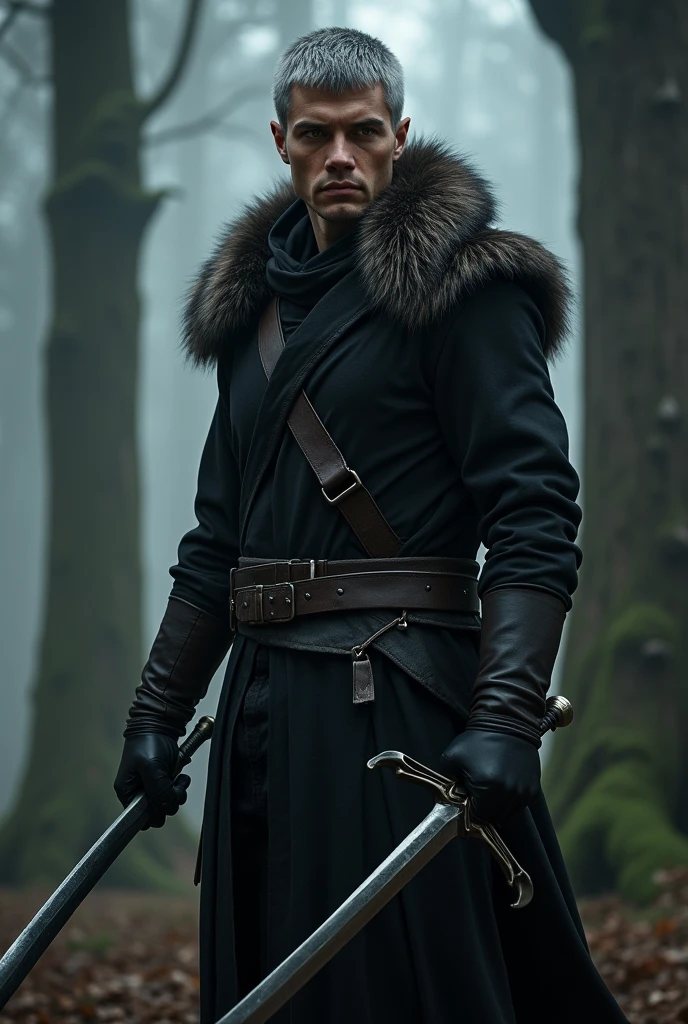 Draw a male character from Dungeons & Young dragons, of half-elf race, with brown skin, yellow eyes and short, gray hair, wearing black clothing and a hood with wolf fur. On guard, holding two daggers.
