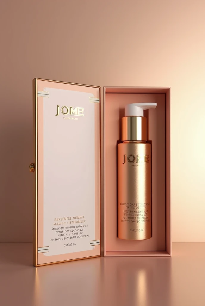 Hair treatment product for damaged hair, whose environmentally friendly packaging must be premium line in gold color, White and pink with push-type dosing valve with innovative design with the JOME brand name and its respective box