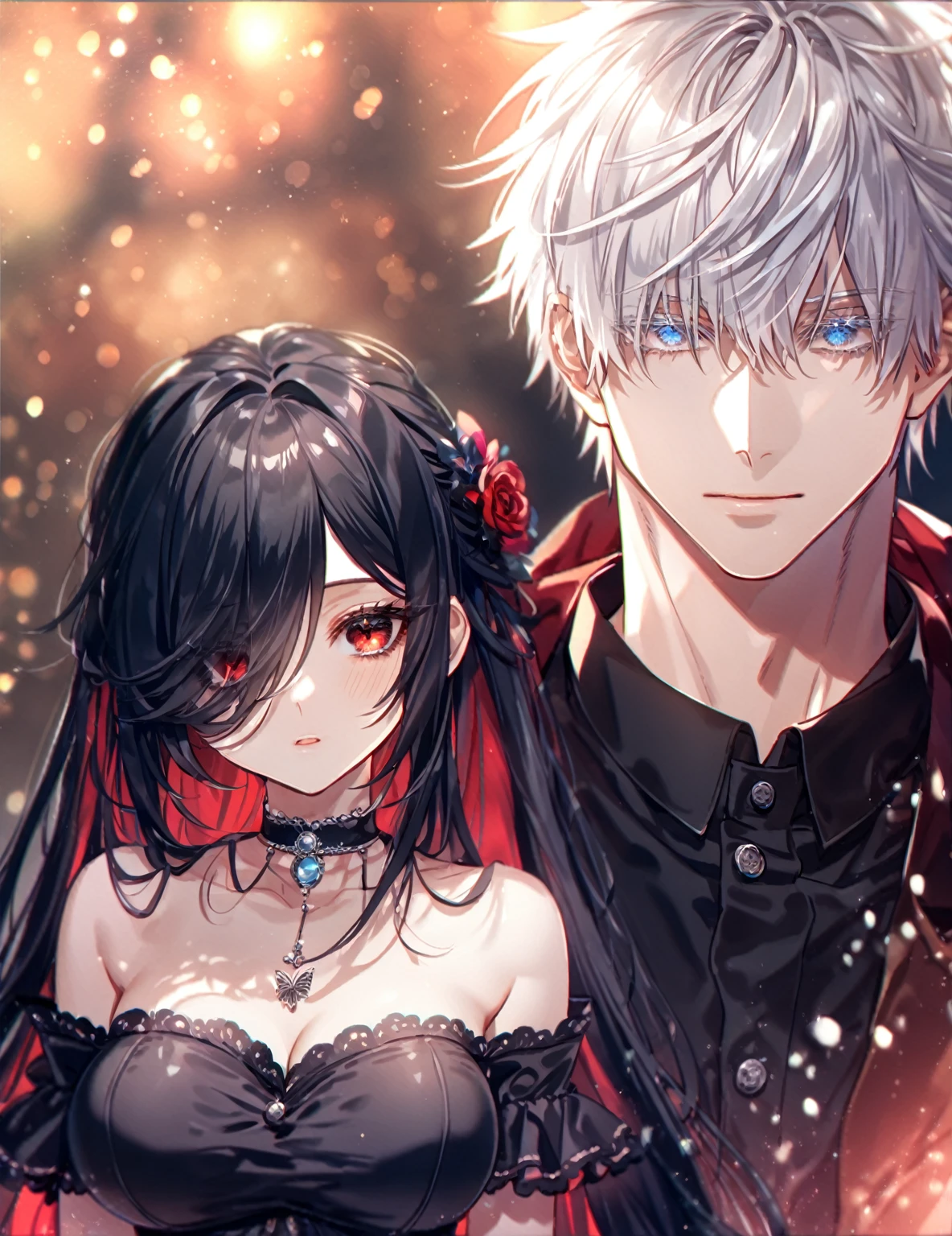 a beautiful woman, handsome man, couple, love, sensual, sexy, cute girl, empty eyes, red eyes, long black hair, hair over right eye, big breasts, short, shy, smile, black dress, handsome boy, Jujutsu Kaisen, Gojou Satoru, white hair, black blindfold, covered eyes, black shirt, flowers, butterflies, fantasy, magical, summer, (best quality,4k,8k,highres,masterpiece:1.2),ultra-detailed,HDR,UHD,studio lighting,sharp focus,extreme detail description,professional,vivid colors,bokeh,portraits