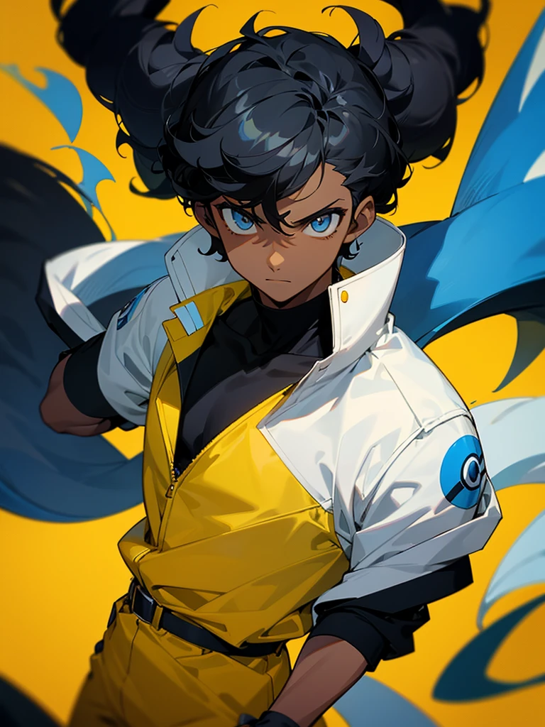 Image of a dark-skinned boy with curly black hair wearing a yellow shirt and a white jacket with blue details over it and wearing black fingerless gloves, com design based on the style of a pokemon trainer.
