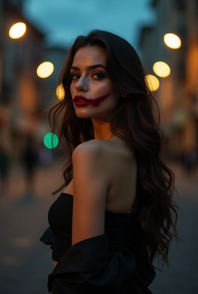 {
  "prompt": "A stunning female model with a flawless, curvaceous body, embodying the beauty and elegance of Brazilian women. Her makeup is inspired by the Joker, with striking features that include a deep red lipstick smeared across her lips, extending slightly beyond the corners of her mouth to create a dramatic, almost sinister smile. Her eyes are bold and captivating, with dark, smoky eyeshadow, and her expression is both alluring and unsettling. The overall composition contrasts her natural beauty with the eerie, intense makeup.",
  "size": "1024x1792"
}