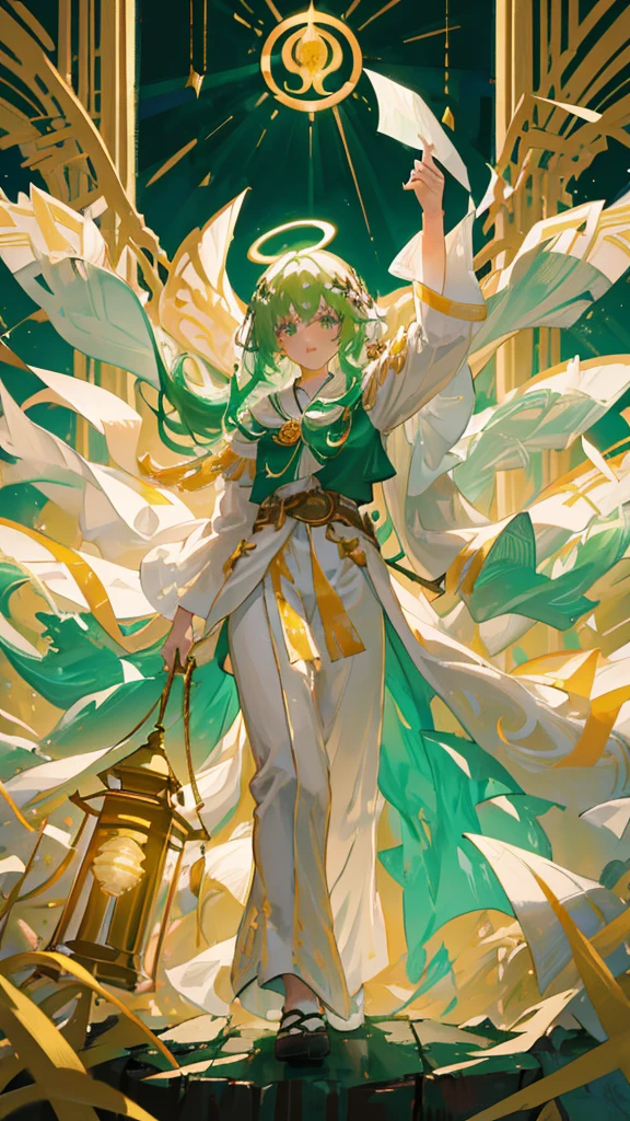 The image depicts a figure with a glowing, ethereal presence standing in what appears to be a grand, church-like setting. The background hints at towering pillars and stained glass windows, adding a sacred and reverent atmosphere. The character, standing confidently, holds a golden lantern in one hand while being surrounded by flowing white ribbons or fabric. They have medium-length, light green curly hair with an ahoge, and wear a detailed white robe with gold accents, a green cloak, brown pants, and a belt. A radiant halo hovers above their head, reinforcing their divine or celestial aura. The interplay of light and shadow, along with golden and green hues, enhances the spiritual and majestic essence of the scene.
