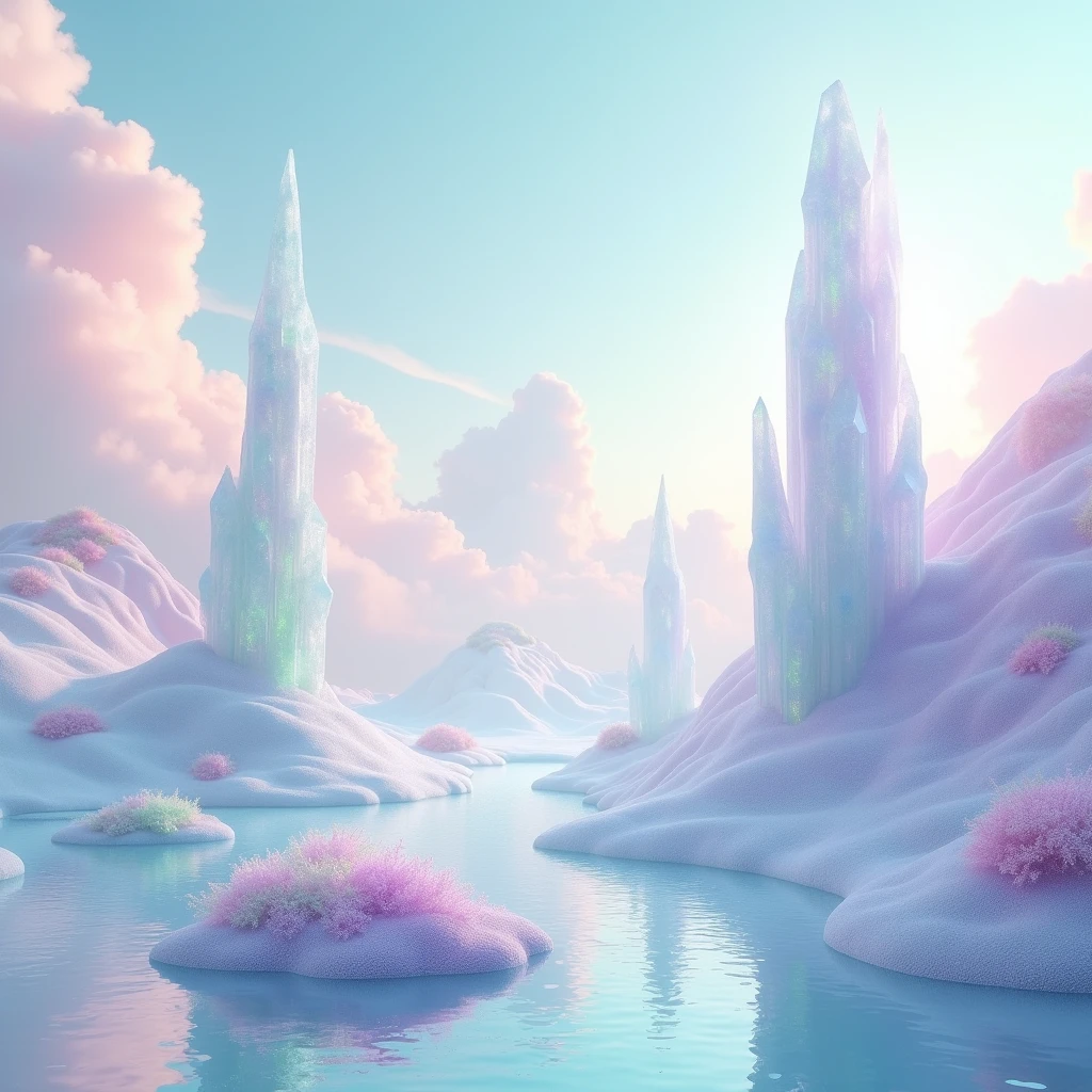 Design a visually captivating digital artwork with an otherworldly landscape, floating in a sea of soft pastels, They blend seamlessly with the ethereal backdrop, a mesmerizing and surreal scene, evoking a sense of awe and tranquility, Masterpiece in maximum 16K resolution, Excellent quality, gleam and glitter