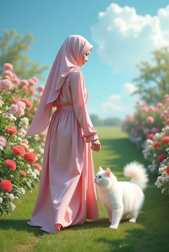 a woman wearing a pink hijab is walking with a white Persian cat, you can see the cat garden and flower hill, garden background, blue sky, photo studio
