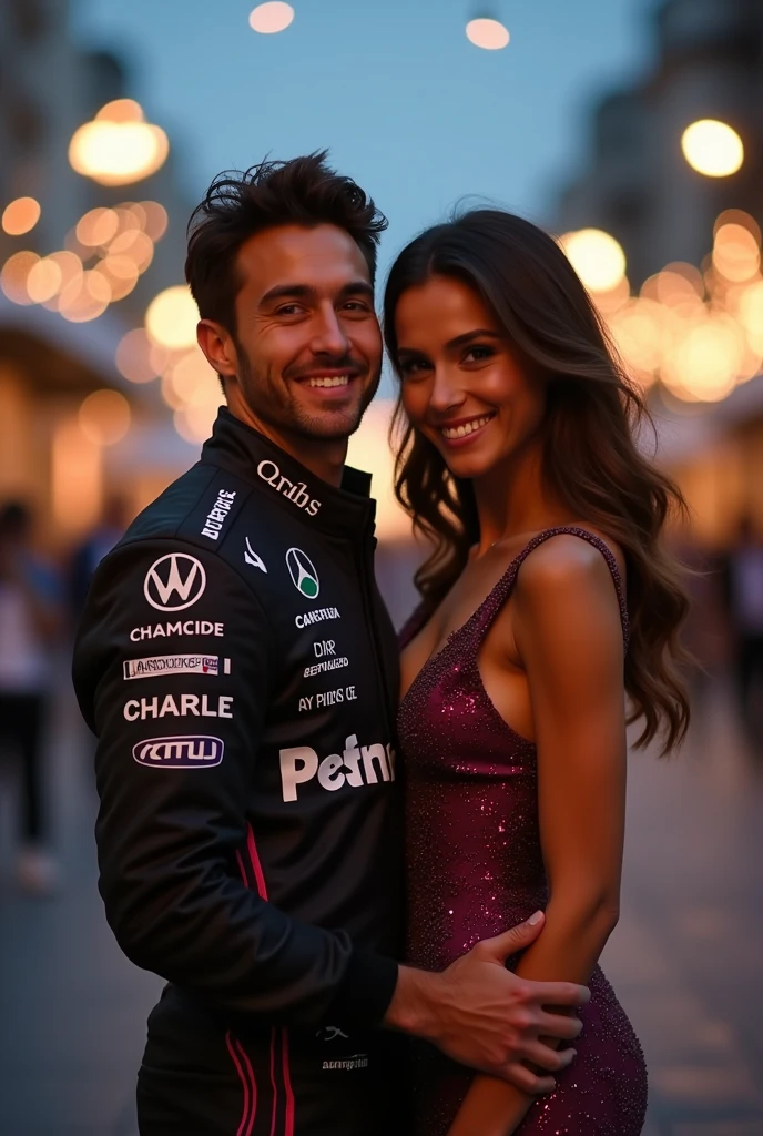 Take a picture of driver Charles Leclerc and actress Maia Reffico side by side, as a couple