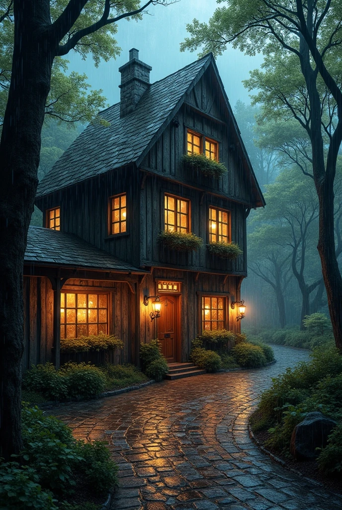 Old tavern , in the middle of the forest , with lights on in the middle of a very rainy night