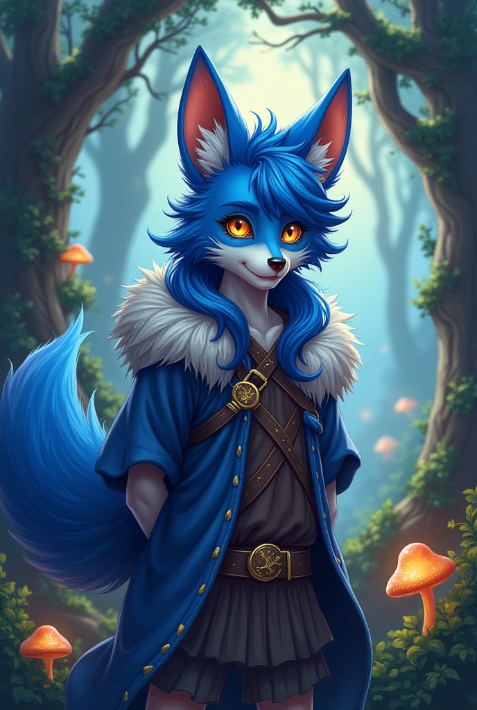 Create a human fox man with blue hair and fox ears I mizaki size