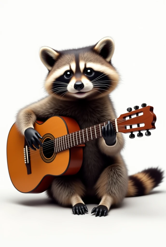 Raccoon playing a dreadnought guitar sitting on the floor, with nothing in the background or with a white background, guitarist raccoon (realist)(Details)(masterpiece)