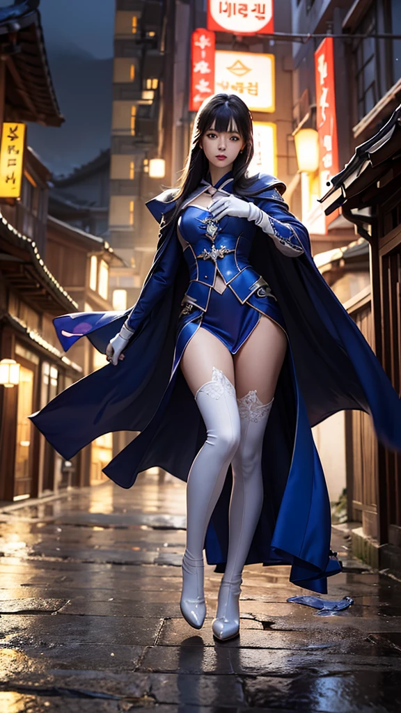 South korea women mystery hooded on with modern royal Blue coat with long and wide sleeves with buttons and royal Blue cape and very high white heel over the knee and white gloves, As she reveals a small secret hidden blade coming from his palm , adding to the character's mysterious and agile appearance, with small movements of air on the cape, jump from roof to roof, in summer at night under the rain,medieval south korea house. sophisticated and highly detailed, ultra hd, realistic, hyper detailed, enhanced colours, ultra sharp focus, with vibrant, rich in details High quality, gorgeous, captivating, 8k, super detailed, stunning shadows, detailed lines, blood stain on coat and gloves, corpses in the street recently murdered